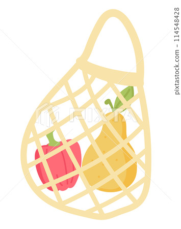 Net shop bag with fruit and vegetable in flat design. Eco package for storage. Vector illustration isolated. 114548428