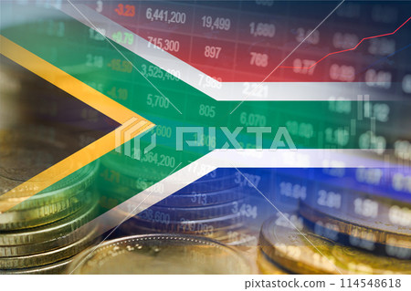 Stock market investment trading financial, coin and South Africa flag , finance business trend data. 114548618