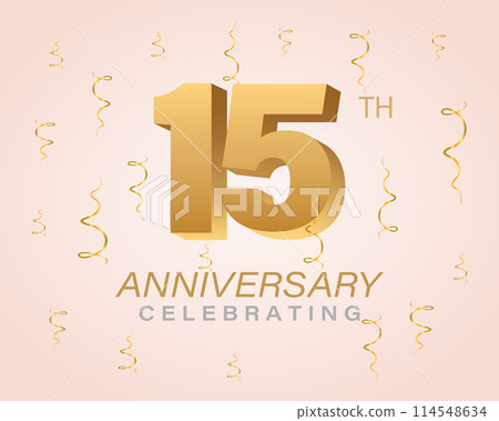 Anniversary celebration card. Gold numbers with sparkling confetti, sparkles and ribbons. Festive illustration for holiday event, wedding, greeting card and invitation. Anniversary celebration card. Gold numbers with sparkling confetti, sparkles and ribbons. Festive illustration for holiday event, wedding, greeting card and invitation. 114548634