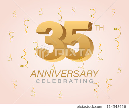 Anniversary celebration card. Gold numbers with sparkling confetti, sparkles and ribbons. Festive illustration for holiday event, wedding, greeting card and invitation. 114548636