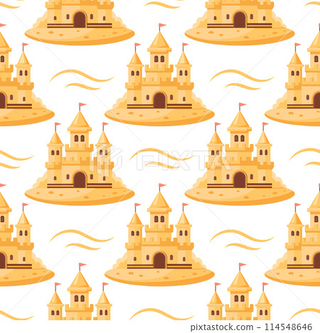 Summer sand castle seamless pattern. Sand castle in a colorful pattern on a white background. Vector 114548646