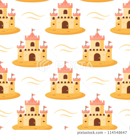 Summer sand castle seamless pattern. Sand castle in a colorful pattern on a white background. Vector 114548647