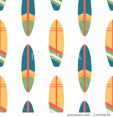 Seamless pattern of surfboards. Summer surfboards in a colorful pattern on a white background. Vector 114548648