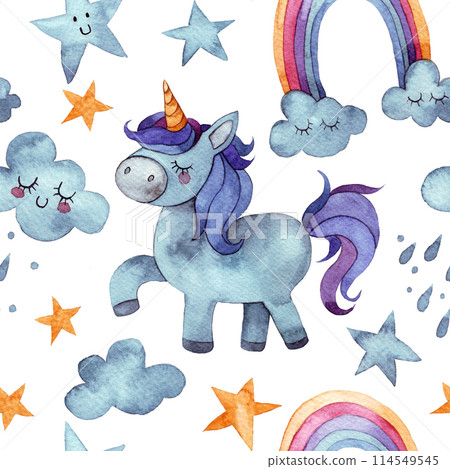 watercolor drawing, pattern for children with unicorn, rainbow, clouds. seamless print 114549545