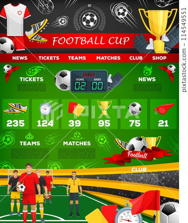 Germany 2024 euro soccer cup infographic with key elements such as news, tickets, teams, matches, club, and shop sections. Football players, trophies, uniform items, statistics, and a stadium scene 114549551