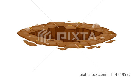 Dirty pit and burrow, deep ground hole. Isolated cartoon vector naturalistic gap surrounded by rugged brown earth, scattered rocks, and sparse vegetation, suggesting an untouched and wild terrain 114549552
