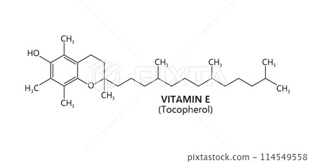 Vitamin E formula, line chemical structure of tocopherol molecular compounds. Vector chemistry, medicine and pharmacology science education, vitamin E fat soluble antioxidant structural formula 114549558