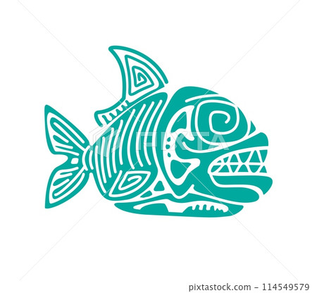 Piranha fish, Mayan Aztec totem symbol of power and survival, resilience and adaptability in the face of challenge. Isolated vector blue sign with ethnic ornament, dangerous toothy fish with sharp fin 114549579