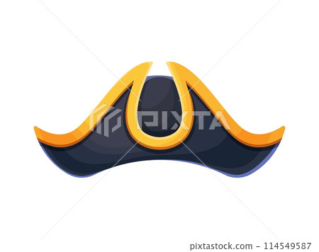 Pirate and corsair captain tricorn cartoon carnival hat. Caribbean buccaneer tricorn headwear, corsair captain hat or filibuster clothing vector accessory. Pirate or medieval sailor costume part 114549587