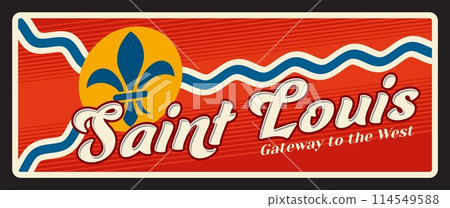 Saint Louis american city retro travel plate, tourist sticker. USA tin sign, vector vintage souvenir card or banner with american flag, coat of arms. City in Missouri, United States 114549588