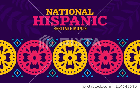 Ethnic ornament of national hispanic heritage month festival banner. Mexican and spanish culture holiday vector poster with latino arts pattern, papel picado flags garland, tropical flowers and plants Ethnic ornament of national hispanic heritage month festival banner. Mexican and spanish culture holiday vector poster with latino arts pattern, papel picado flags garland, tropical flowers and plants 114549589