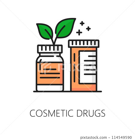 Cosmetics drugs, face care treatment line color icon. Dermatology treatment, skincare product outline vector pictogram. Skin care cosmetics drugs thin line sign or symbol with pills containers 114549590