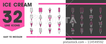 Ice cream line icons isolated vector set. Linear signs of icecream wafer cones, scoops, sundaes, and popsicles. Variety of sweet summer dessert, minimalistic stroke symbols in pink, black and white Ice cream line icons isolated vector set. Linear signs of icecream wafer cones, scoops, sundaes, and popsicles. Variety of sweet summer dessert, minimalistic stroke symbols in pink, black and white 114549592