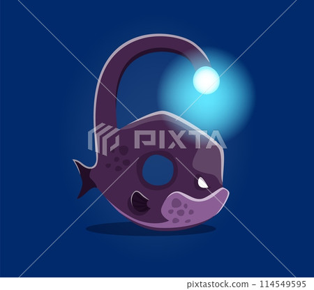 Underwater sea animals in font, undersea type of number 6 anglerfish, cartoon vector fish. Sea animals font or ocean alphabet and numeral typeface with cartoon fish with lamp character in number 6 Six 114549595