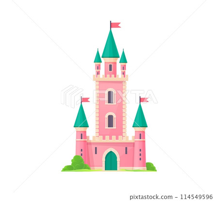 Cartoon castle, kingdom palace. Isolated vector medieval whimsical building. Magic princess pink castle with towering turrets, crenellated walls, and a drawbridge, fluttering flags and greenery around 114549596