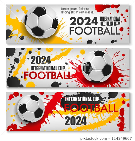 Euro soccer cup Germany 2024 banners features football balls and splashes of color in red, black, and yellow, representing the German flag. Dynamic vector horizontal cards for the upcoming tournament 114549607