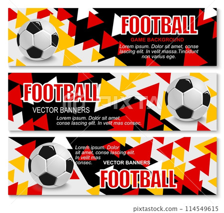 Germany euro soccer cup 2024 banners. Vector vibrant football-themed horizontal cards for tournament league championship, with realistic 3d soccer balls, and geometric shapes in colors of German flag Germany euro soccer cup 2024 banners. Vector vibrant football-themed horizontal cards for tournament league championship, with realistic 3d soccer balls, and geometric shapes in colors of German flag 114549615