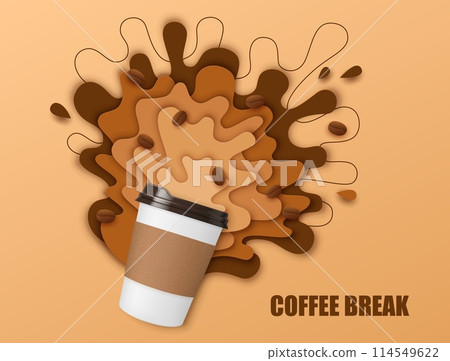 Coffee paper cut banner with drink splash and coffee beans. Realistic 3d vector disposable papercut mug with a dynamic liquid beige and brown splatters, energetic refreshing hot drink spill, explosion Coffee paper cut banner with drink splash and coffee beans. Realistic 3d vector disposable papercut mug with a dynamic liquid beige and brown splatters, energetic refreshing hot drink spill, explosion 114549622