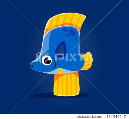 Underwater sea animals font, number 4 as fish for undersea alphabet, cartoon vector character. Sea animals font or ocean numeral typeface with cartoon funny tropical tang fish in number 4 Four type 114549647
