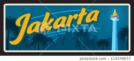 Special Capital Region of Jakarta, Indonesian city and metropolis of Indonesia. Vector travel plate, vintage tin sign, retro postcard design. Old plaque with skyline silhouette, Monas landmark 114549657