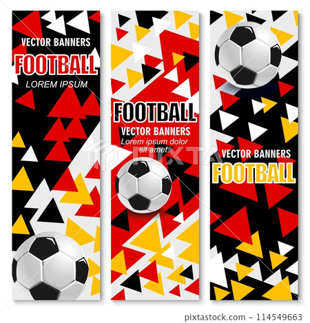 Germany euro soccer cup 2024 banners. Vector vibrant vertical football cards with realistic 3d soccer balls, bold red, black, yellow and white geometric triangles. Dynamic sports club or game layouts 114549663
