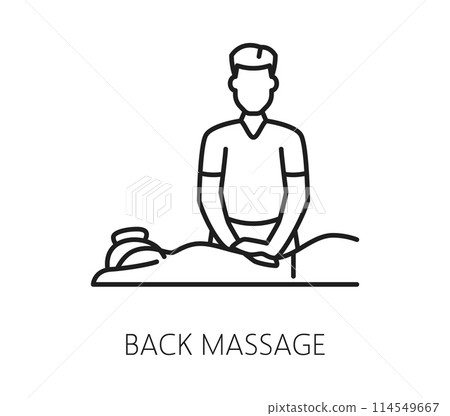 Back massage, chiropractic medicine line icon. Isolated vector linear sign of masseur chiropractor kneading a patient back, symbol of relaxation and stress relief, massage therapy and physical comfort Back massage, chiropractic medicine line icon. Isolated vector linear sign of masseur chiropractor kneading a patient back, symbol of relaxation and stress relief, massage therapy and physical comfort 114549667
