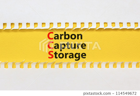 CCS Carbon capture storage symbol. Concept words CCS Carbon capture storage on beautiful yellow paper. Beautiful white paper background. Business ecological Carbon capture storage concept. Copy space. 114549672