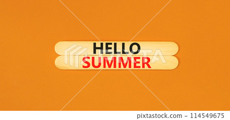 Hello summer symbol. Concept words Hello summer on beautiful wooden stick. Beautiful orange paper background. Business lifestyle Hello summer concept. Copy space. Hello summer symbol. Concept words Hello summer on beautiful wooden stick. Beautiful orange paper background. Business lifestyle Hello summer concept. Copy space. 114549675