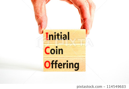 ICO initial coin offering symbol. Concept words ICO initial coin offering on beautiful wooden blocks. Beautiful white background. Business ICO initial coin offering concept. Copy space. 114549683