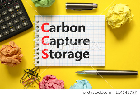 CCS Carbon capture storage symbol. Concept words CCS Carbon capture storage on beautiful white note. Beautiful yellow background. Business ecological Carbon capture storage concept. Copy space. 114549757