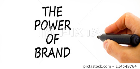 The power of brand symbol. Concept words The power of brand on beautiful white paper. Beautiful white background. Voter hand. Business the power of brand concept. Copy space. 114549764