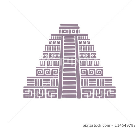 Aztec pyramid, Mayan and Inca tribal totem, ancient Mexican civilization vector symbol. Mesoamerican Aztec empire, Maya and Inca civilization architecture symbol of pyramid with petroglyph ornament 114549792