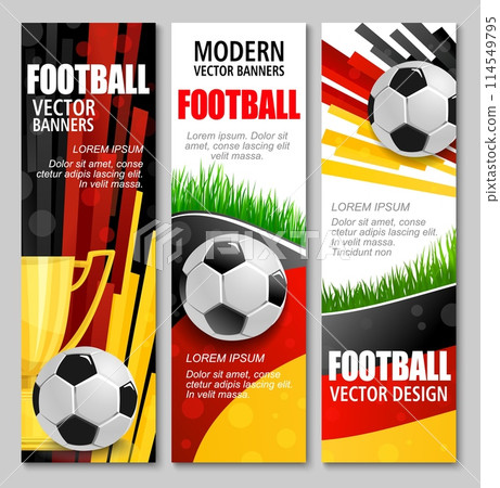 Euro soccer cup 2024 banners. Modern football vector promotional cards with 3d soccer balls, grass and trophy. Vertical flyers in red, black, yellow and white colors for European German tournament 114549795