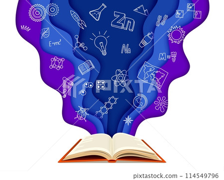 Paper cut science banner with open book and scientific symbols like atoms, dna, rockets, and equations flowing from textbook. Vibrant 3d vector papercut symbolizing explosion of educational knowledges 114549796