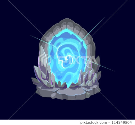 Fantasy fairytale game magic portal door. Magical archway enclosed by jagged crystal formations, emitting a radiant blue glow. Cartoon gui vector gateway to an unknown realm, swirling vortex doorway Fantasy fairytale game magic portal door. Magical archway enclosed by jagged crystal formations, emitting a radiant blue glow. Cartoon gui vector gateway to an unknown realm, swirling vortex doorway 114549804
