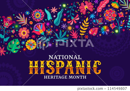 National Hispanic heritage month banner with tropical flowers ornament pattern, vector background. Hispanic Americans culture holiday or festival of tradition and art with ethnic floral ornament 114549807
