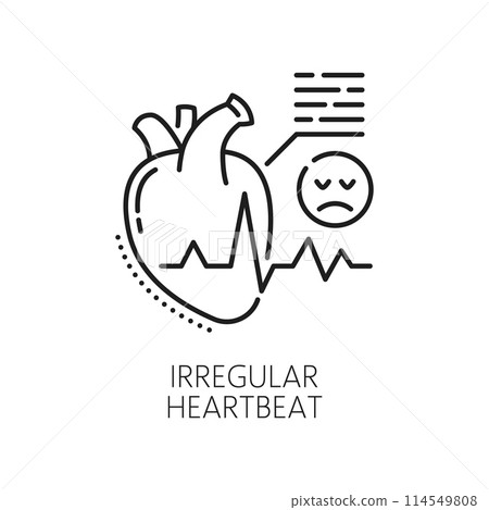 Irregular heartbeat anemia symptom line icon of hematology, physical disease, medicine science. Vector outline heart with arrhythmia heartbeat rate, tachycardia or bradycardia beat isolated sign 114549808