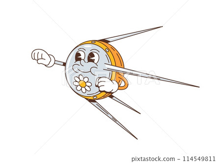Cartoon groovy space satellite character. Isolated vector lively personage flying, stretches its limb enthusiastically, evoking sense of vintage charm during orbiting the planet and galaxy expedition Cartoon groovy space satellite character. Isolated vector lively personage flying, stretches its limb enthusiastically, evoking sense of vintage charm during orbiting the planet and galaxy expedition 114549811