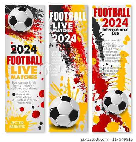 Euro soccer cup Germany 2024. Dynamic vector banners for football sport event, featuring splash ink effects in red, yellow and black colors of German flag and 3d soccer balls at vertical backdrop Euro soccer cup Germany 2024. Dynamic vector banners for football sport event, featuring splash ink effects in red, yellow and black colors of German flag and 3d soccer balls at vertical backdrop 114549812