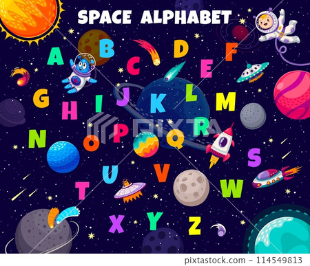 Kid space alphabet with rockets, UFO, kid astronaut and alien. English ABC figures and numbers, font typeset vector letters and digits with funny characters, spaceship and solar system planets Kid space alphabet with rockets, UFO, kid astronaut and alien. English ABC figures and numbers, font typeset vector letters and digits with funny characters, spaceship and solar system planets 114549813