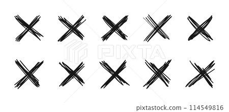 X scribble mark. Isolated vector monochrome cross symbols set. Doodle x shapes used to represent mistake, cancellation or informal annotation in sketches, notes or drawings. Black scribble crosses 114549816