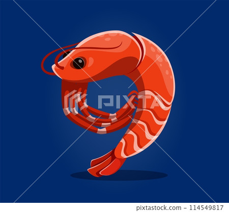 Underwater sea animals in font or undersea type, number 9 shrimp, cartoon vector funny character. Number Nine 9 of ocean alphabet or numeral typeface and sea animals font in shape of shrimp prawn 114549817