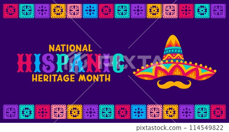 Papel picado paper cut flags and sombrero hat on national Hispanic heritage month, vector banner Mexican culture, traditions and art banner of Latin Americans folk heritage with ethnic ornament Papel picado paper cut flags and sombrero hat on national Hispanic heritage month, vector banner Mexican culture, traditions and art banner of Latin Americans folk heritage with ethnic ornament 114549822