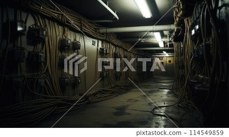 Empty technical tunnel with wires along the walls, wide angle. Empty technical tunnel with wires along the walls, wide angle. 114549859