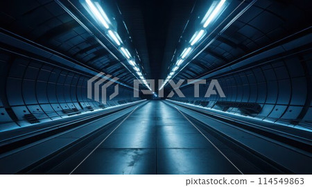 Abstract underground illuminated empty technical tunnel, wide angle, metallic dark blue color. 114549863