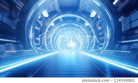 Abstract illuminated empty technical tunnel in a spaceship, wide angle, metallic blue color. 114549865