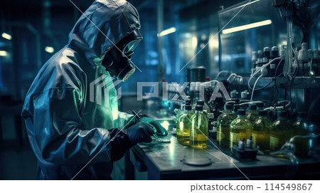 Scientist in protective gear conducts tests using samples of biomaterial, selective focus, close-up. 114549867