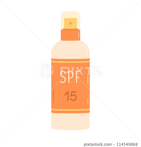 Sunscreen spray. SPF 15. Protection from solar ultraviolet light. Flat vector illustration isolated on white background Sunscreen spray. SPF 15. Protection from solar ultraviolet light. Flat vector illustration isolated on white background 114549868