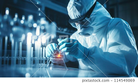 Scientist in protective gear conducts tests using samples of biomaterial, selective focus. 114549869