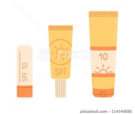 Sunscreen cream set. SPF 10. Protection from solar ultraviolet light. Flat vector illustration isolated on white background Sunscreen cream set. SPF 10. Protection from solar ultraviolet light. Flat vector illustration isolated on white background 114549880